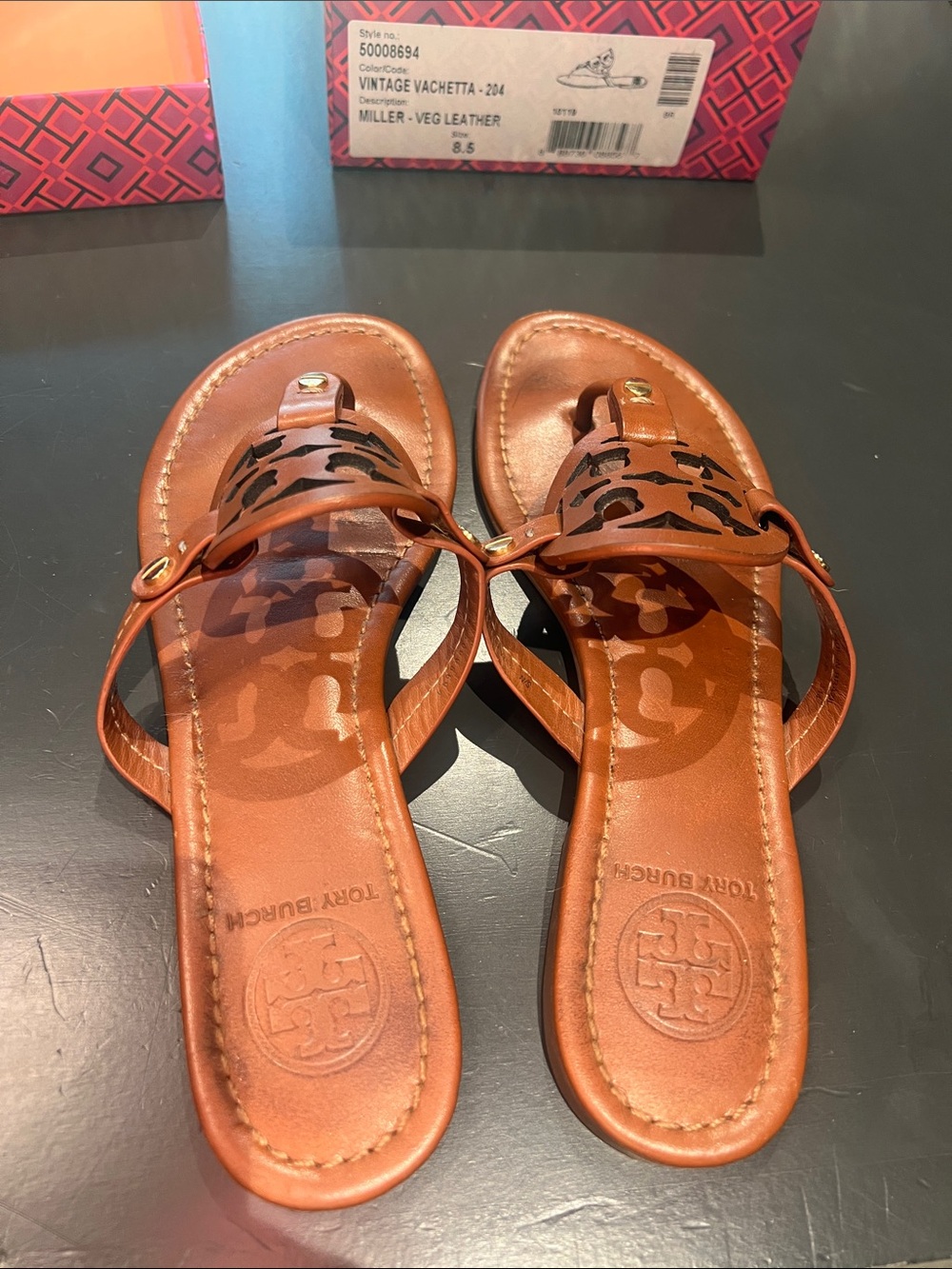 Tory Burch Miller Vegan Leather Logo Thong Sandals — color Vintage Vachetta - Picture 3 of 6